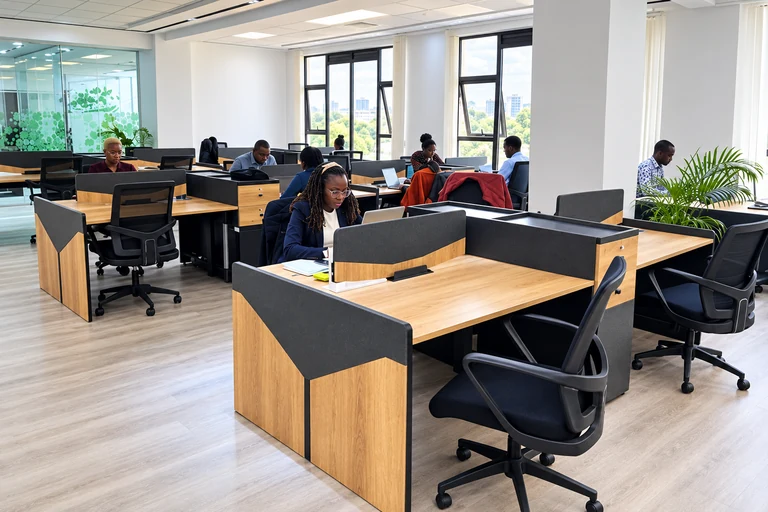 Espace de bureaux partagé avec des postes de travail en bois, des fauteuils noirs et de grandes fenêtres