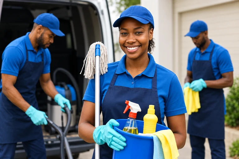 Une équipe de nettoyage en tenue bleue, avec une professionnelle souriante et son matériel au premier plan